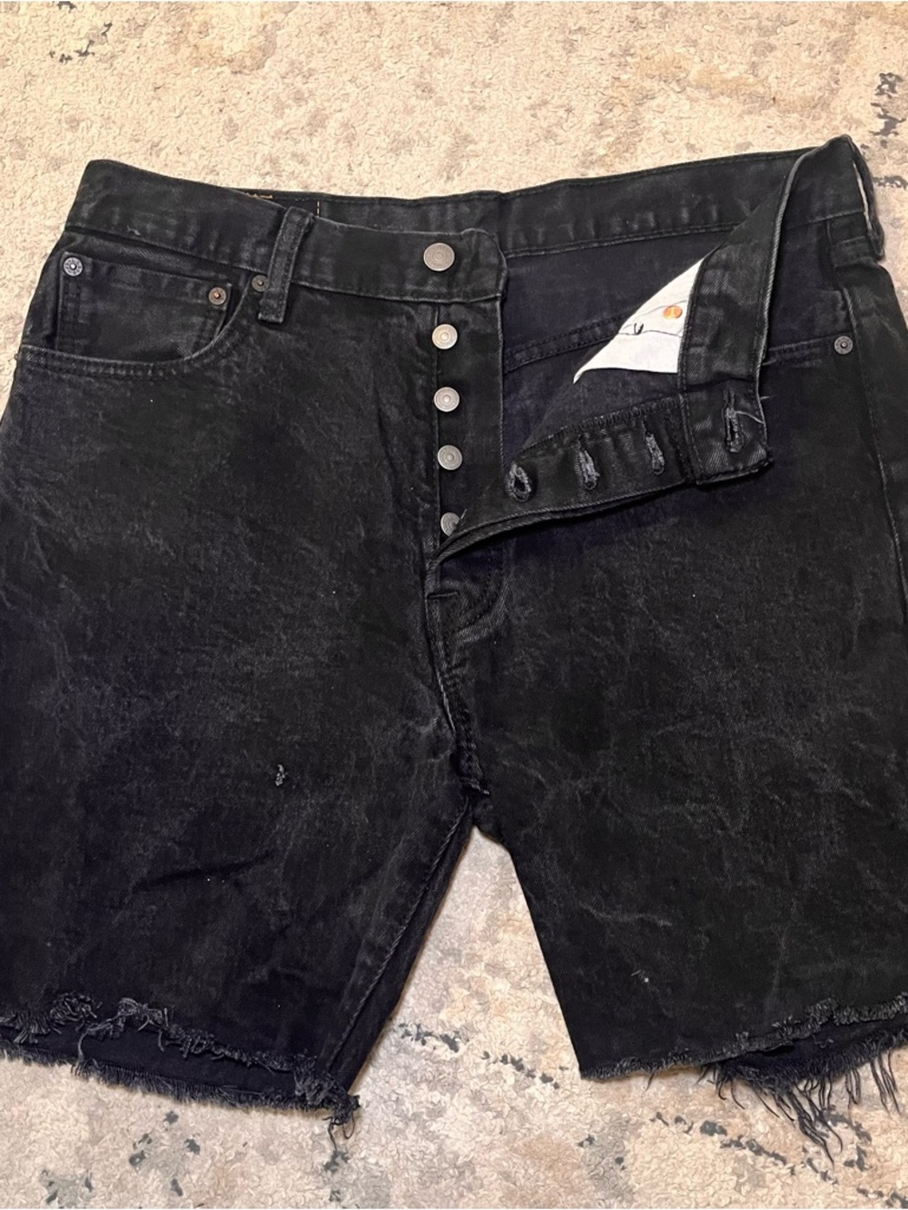 Levis 501 Shorts Mens 34 Black Distressed Grunge Jean Jorts Denim Button Fly